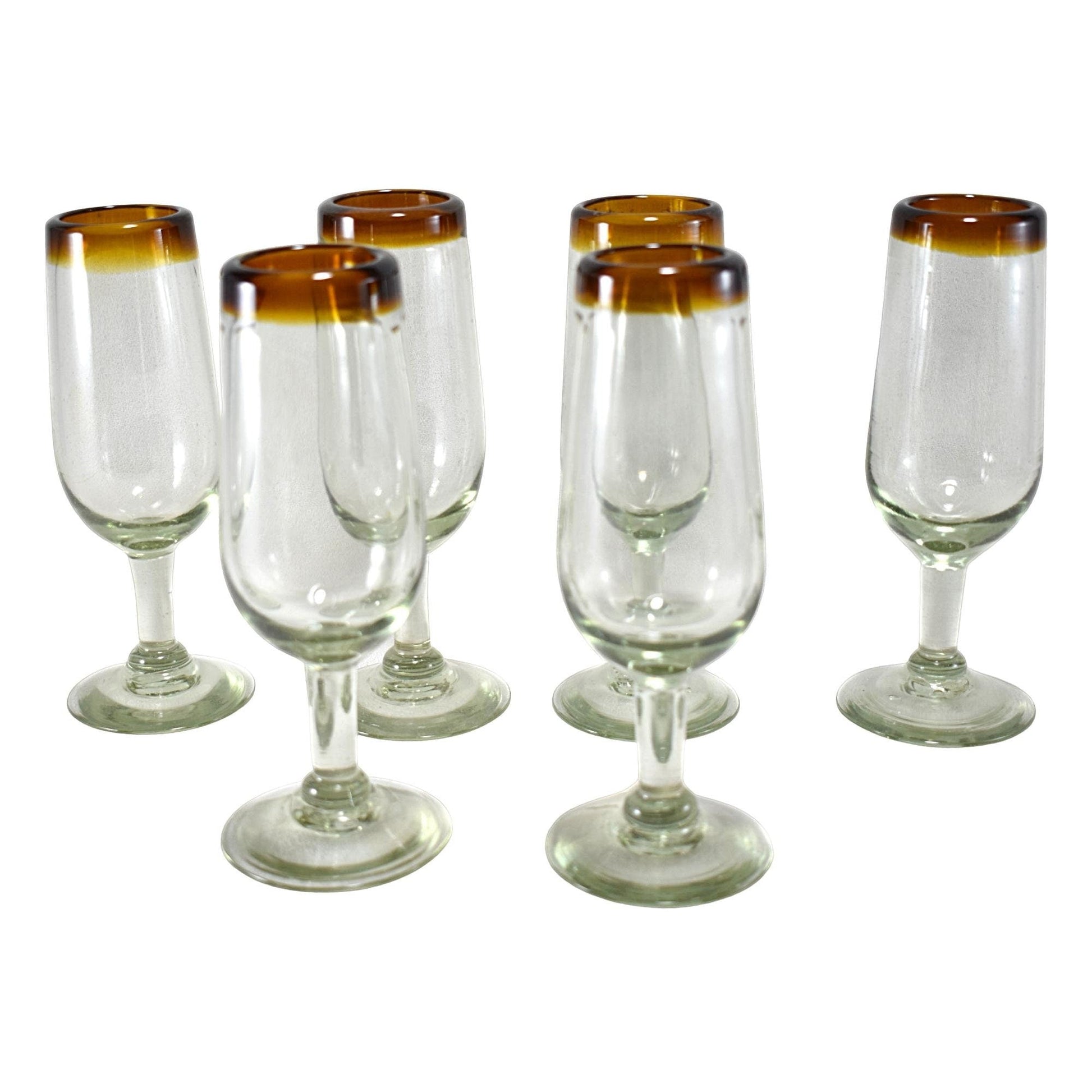 MAREY Champagne Glasses Mexican Blown Glass Artisan Crafted Set of 6 Pieces  100% Recycled Glass large Glass, Red Rim 