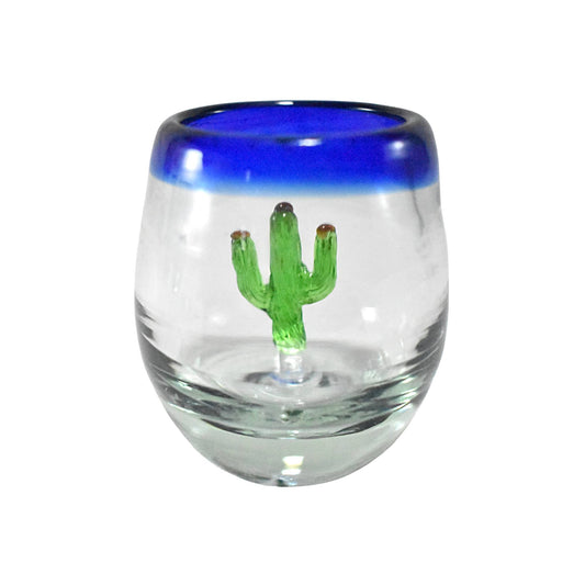 Vasos Mezcaleros | Set de 6 Piezas | Caballitos de Vidrio Soplado Artesanalmente en México (Filo Azul Cobalto C/ Cactus, Barril 2 Oz.) - MAREY -