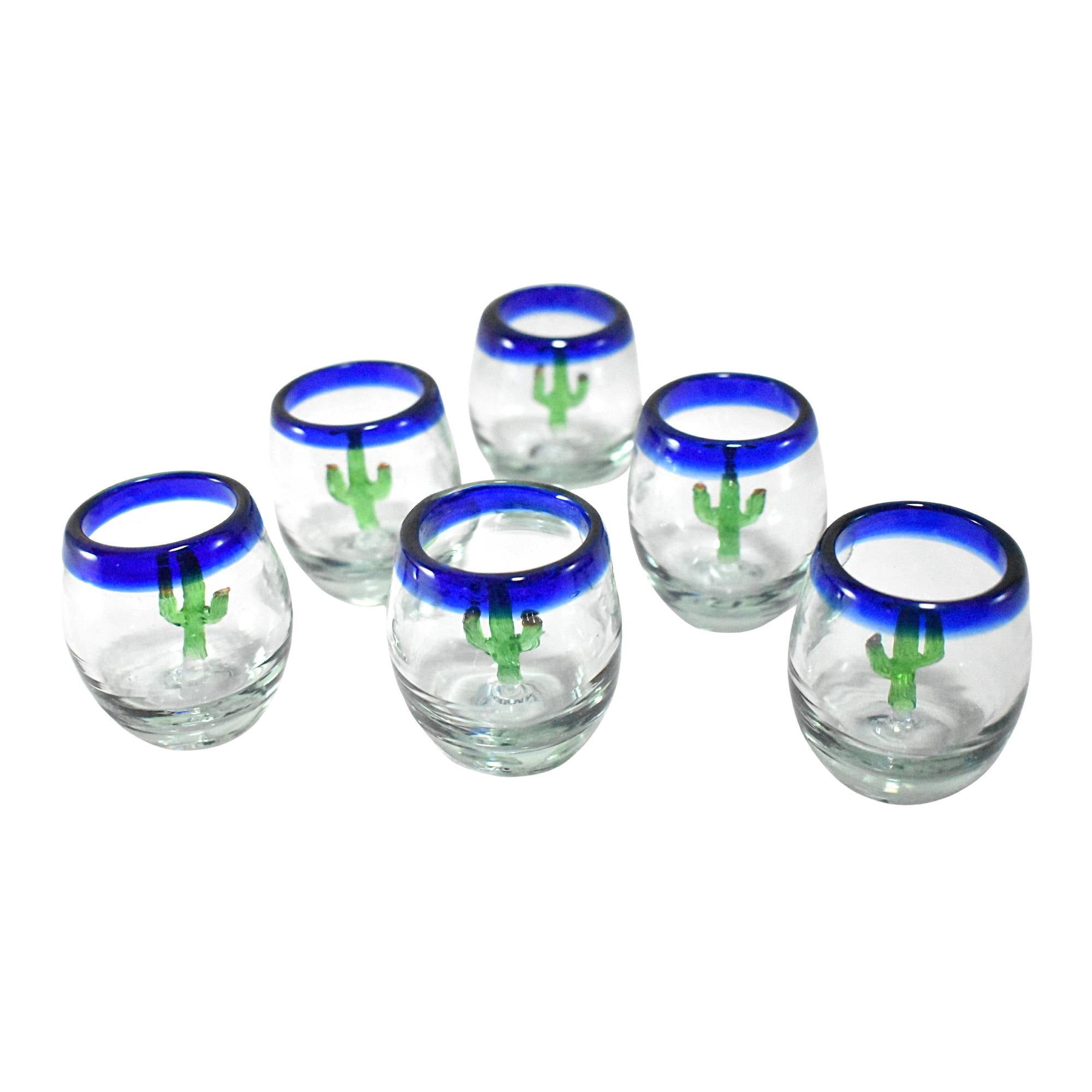 Mexican store Hand Blown Glass Dented Tumblers with Cobalt Blue Rim Set of 4. D-030.