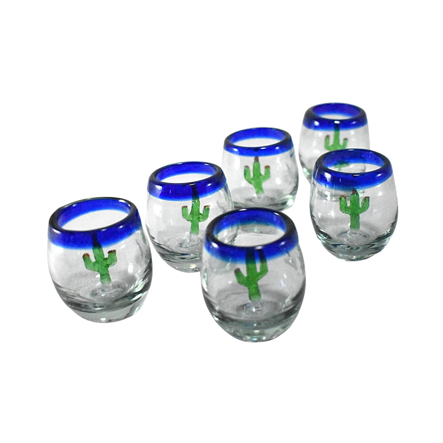 Vasos Mezcaleros | Set de 6 Piezas | Caballitos de Vidrio Soplado Artesanalmente en México (Filo Azul Cobalto C/ Cactus, Barril 2 Oz.) - MAREY -