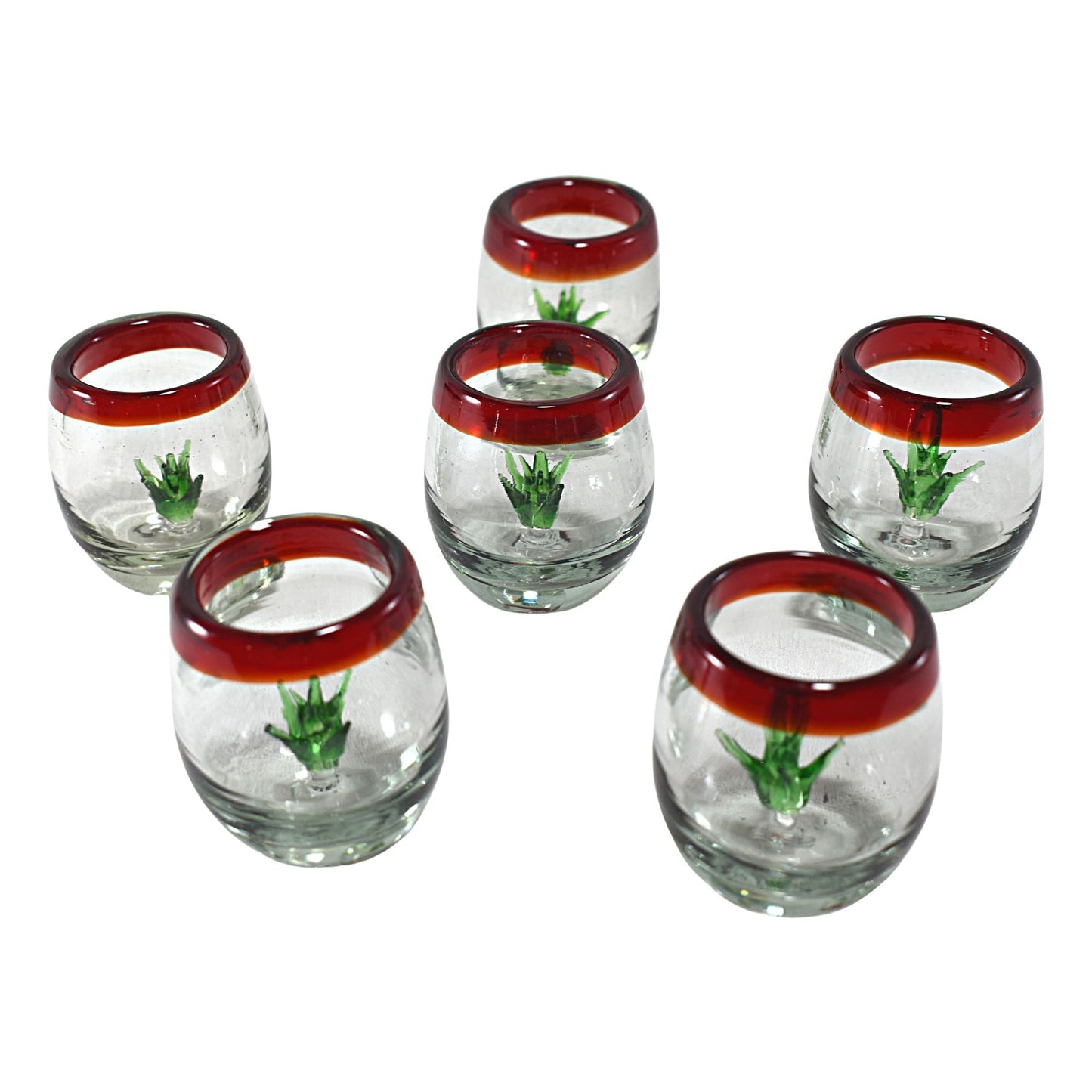 Vasos Mezcaleros | Set de 6 Piezas | Caballitos de Vidrio Soplado Artesanalmente en México (Filo Rojo C/ Agave, Barril 2 Oz.) - MAREY -