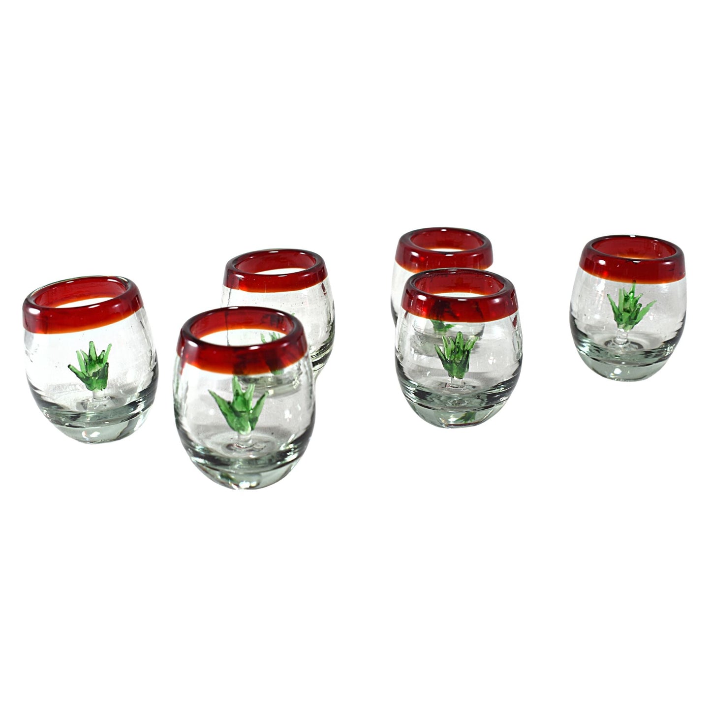 Vasos Mezcaleros | Set de 6 Piezas | Caballitos de Vidrio Soplado Artesanalmente en México (Filo Rojo C/ Agave, Barril 2 Oz.) - MAREY -