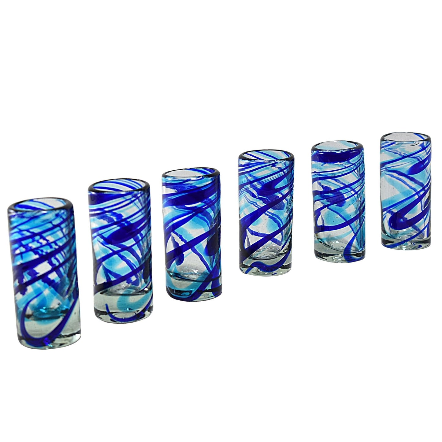 Vasos Tequileros de Vidrio Soplado Artesanalmente en México | Set de 6 Piezas |(Espiral Aqua & Cobalto, 2 Oz.) - MAREY -