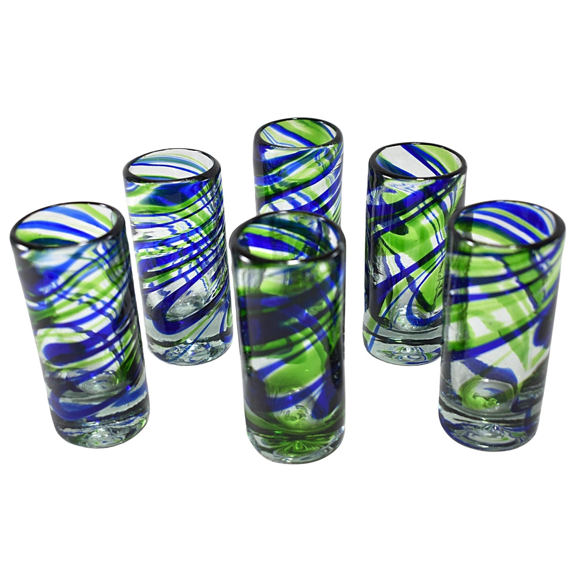 Vasos Tequileros de Vidrio Soplado Artesanalmente en México | Set de 6 Piezas |(Espiral Verde & Cobalto, 2 Oz.) - MAREY -