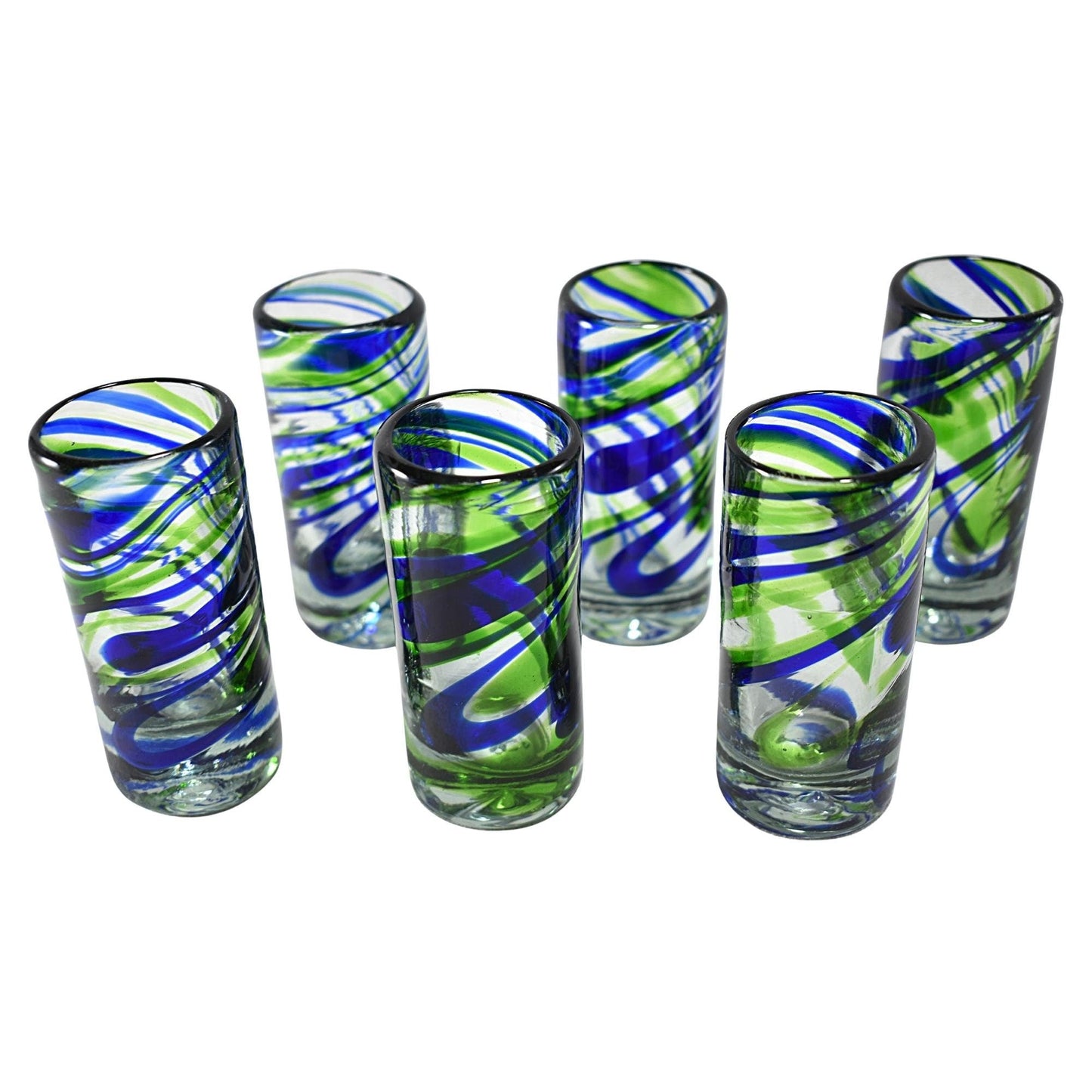 Vasos Tequileros de Vidrio Soplado Artesanalmente en México | Set de 6 Piezas |(Espiral Verde & Cobalto, 2 Oz.) - MAREY -