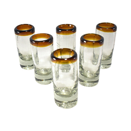 Vasos Tequileros | Vidrio Soplado Artesanalmente en México | Set de 6 Piezas | (Filo Ámbar, 2 Oz.) - MAREY -