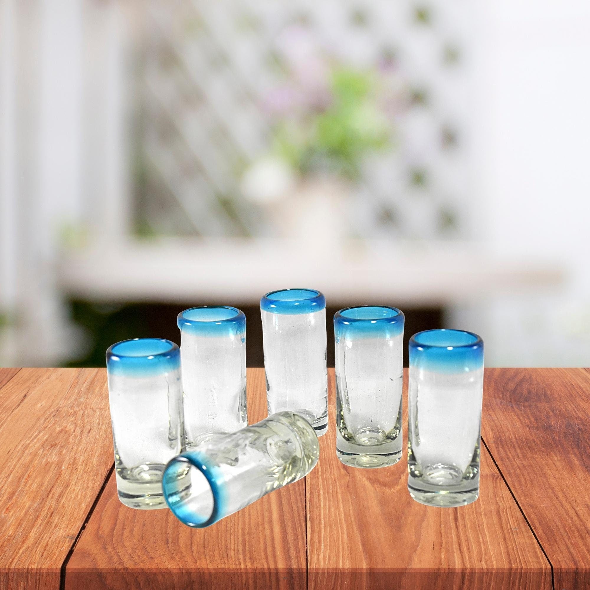 Mexican Hand Blown Glass Dented Tumblers with outlet Cobalt Blue Rim Set of 4. D-030.