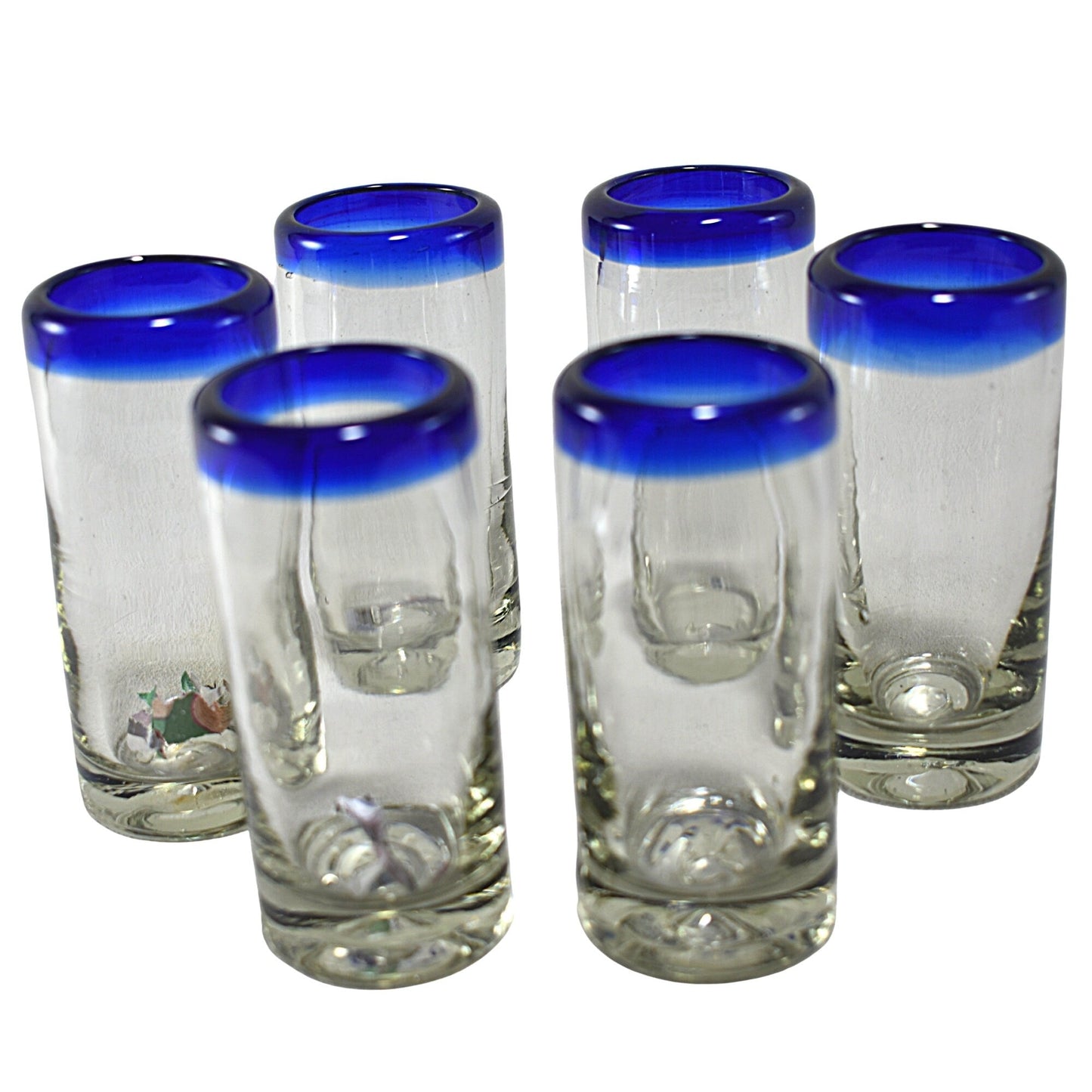 Vasos Tequileros | Vidrio Soplado Artesanalmente en México | Set de 6 Piezas | (Filo Azul Cobalto, 2 Oz.) - MAREY -
