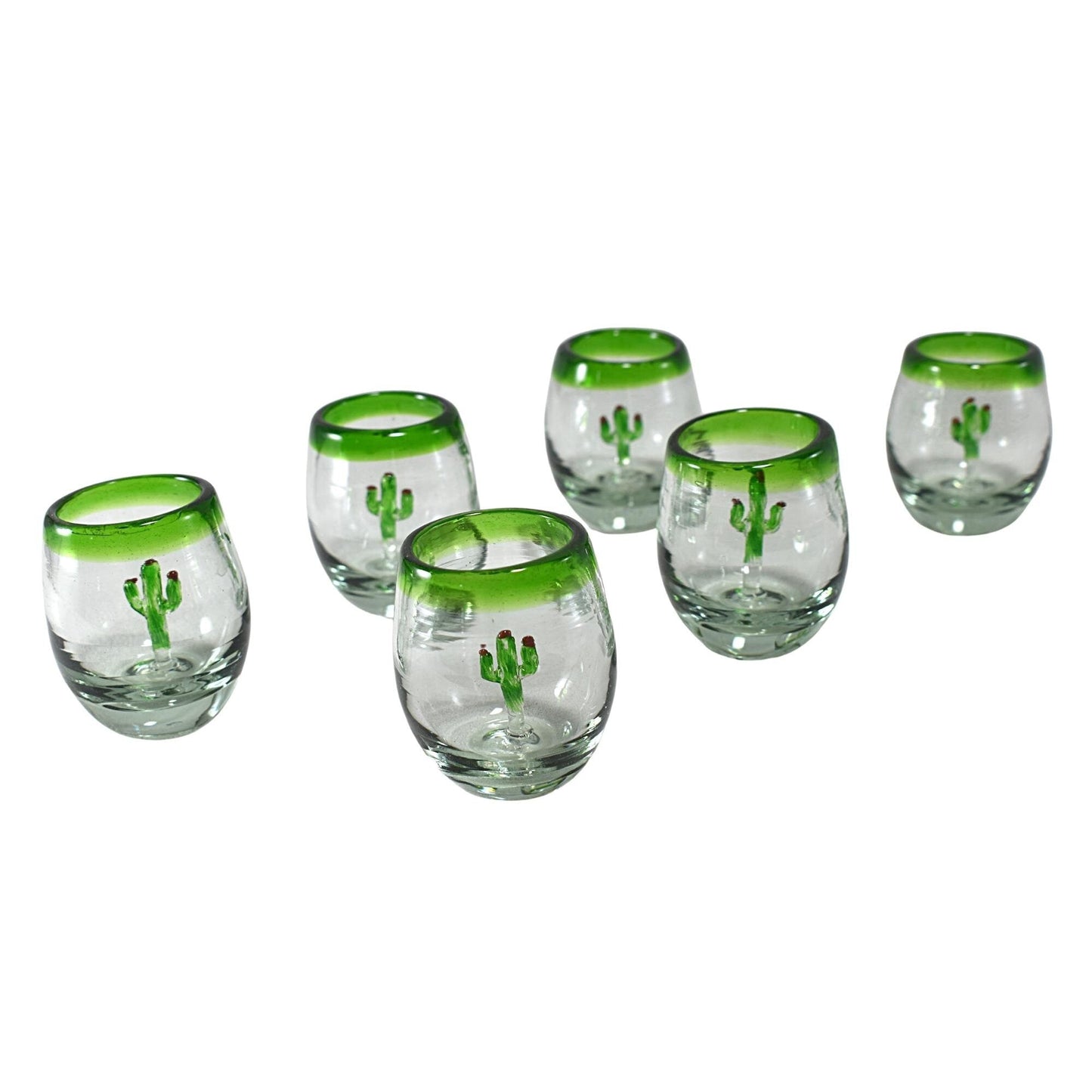 Vasos Tequileros | Vidrio Soplado Artesanalmente en México | Set de 6 Piezas | (Filo Verde C/Cactus, 2 Oz.) - MAREY -