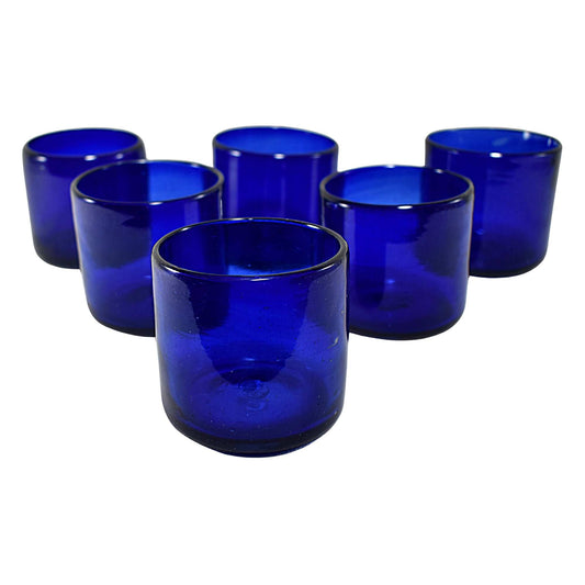 Vasos Vidrio Soplado | Set de 6 Piezas | Artesanales | (Azul Cobalto, Old Fashioned 8 Oz.) - MAREY -