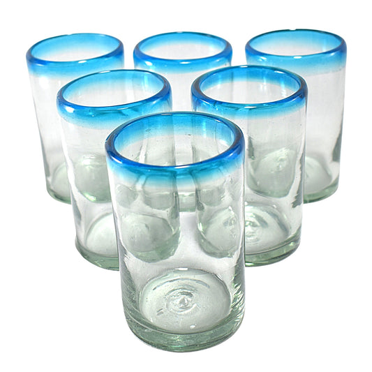 Vasos Vidrio Soplado | Set de 6 Piezas | Hechos Artesanalmente en México (Filo Aqua, Agua 16 Oz.) - MAREY -