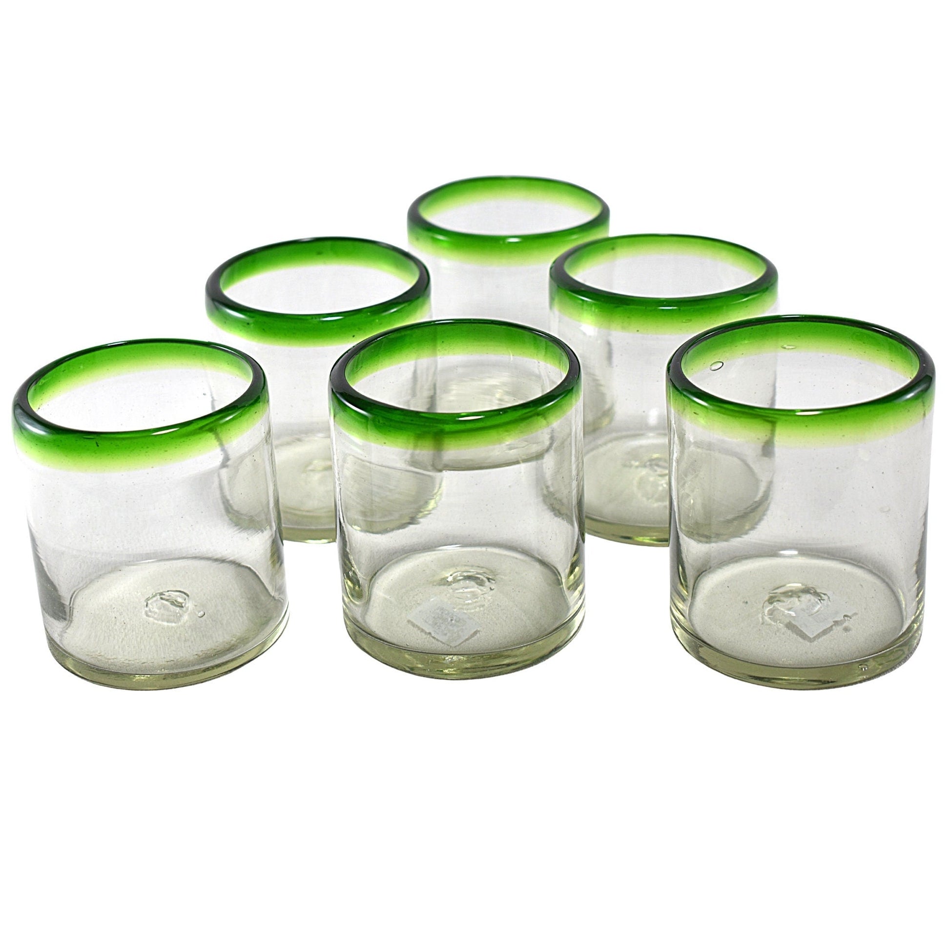 Vasos Vidrio Soplado | Set de 6 Piezas | Hechos Artesanalmente en México | (Filo Verde, Old Fashioned 10 Oz.) - MAREY -