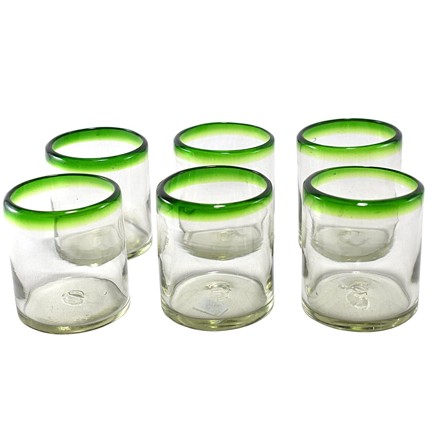 Vasos Vidrio Soplado | Set de 6 Piezas | Hechos Artesanalmente en México | (Filo Verde, Old Fashioned 10 Oz.) - MAREY -