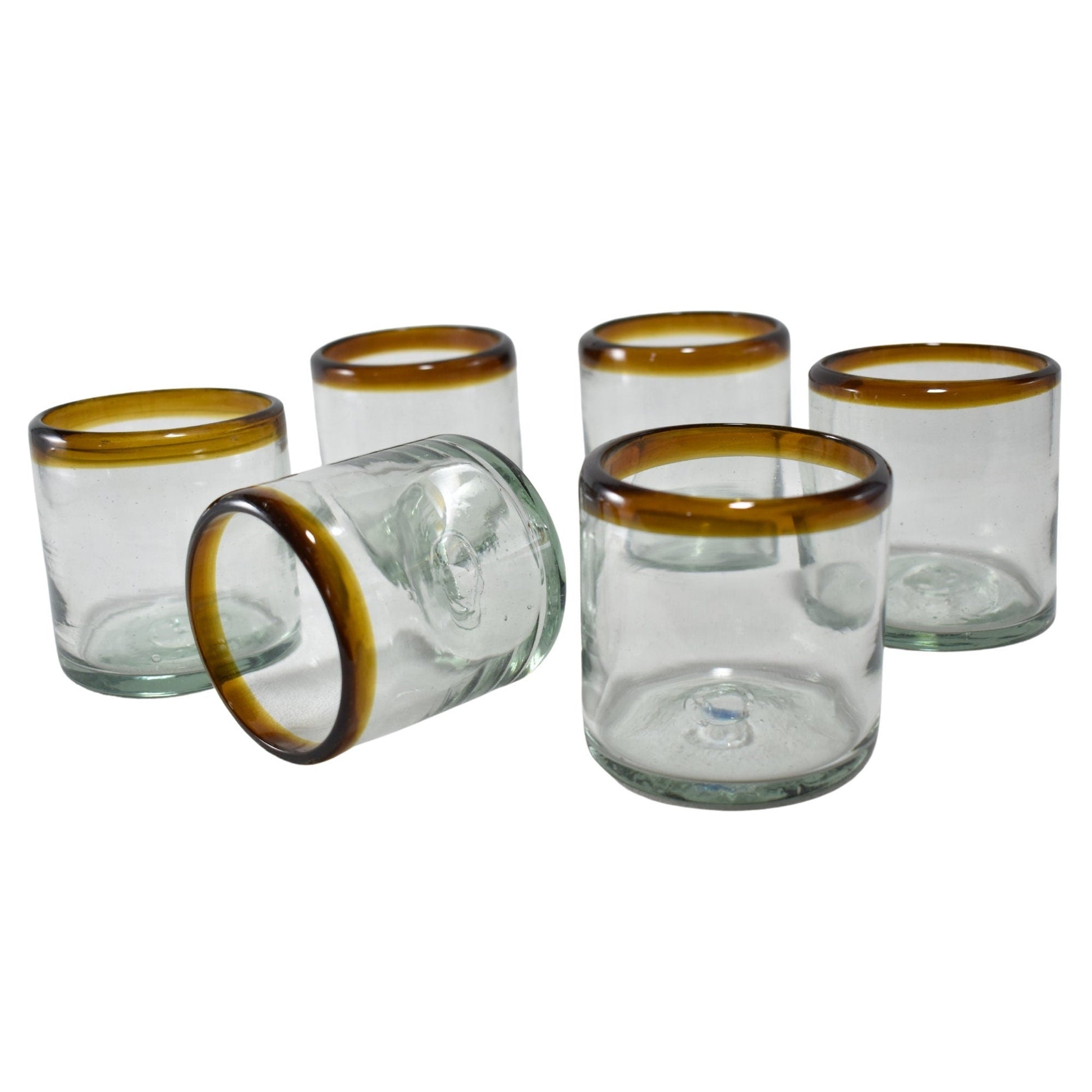 Vasos Vidrio Soplado | Set de 6 Piezas | Hechos Artesanalmente en México |Old Fashioned (Filo Ámbar, 8 Oz.) - MAREY -