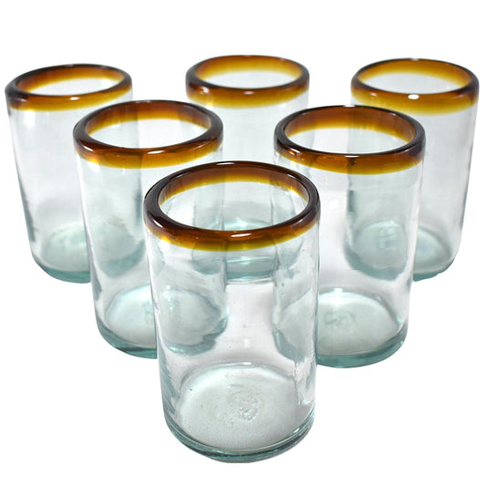 Vasos Vidrio Soplado | Set de 6 Piezas | Hechos Artesanalmente en México | Vaso Old Fashioned | (Filo Ámbar, Agua 16 Oz.) - MAREY -