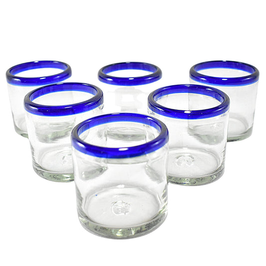 Vasos Vidrio Soplado | Set de 6 Piezas | Hechos Artesanalmente en México | Vaso Old Fashioned | (Filo Azul Cobalto, Old Fashioned 8 Oz.) - MAREY -