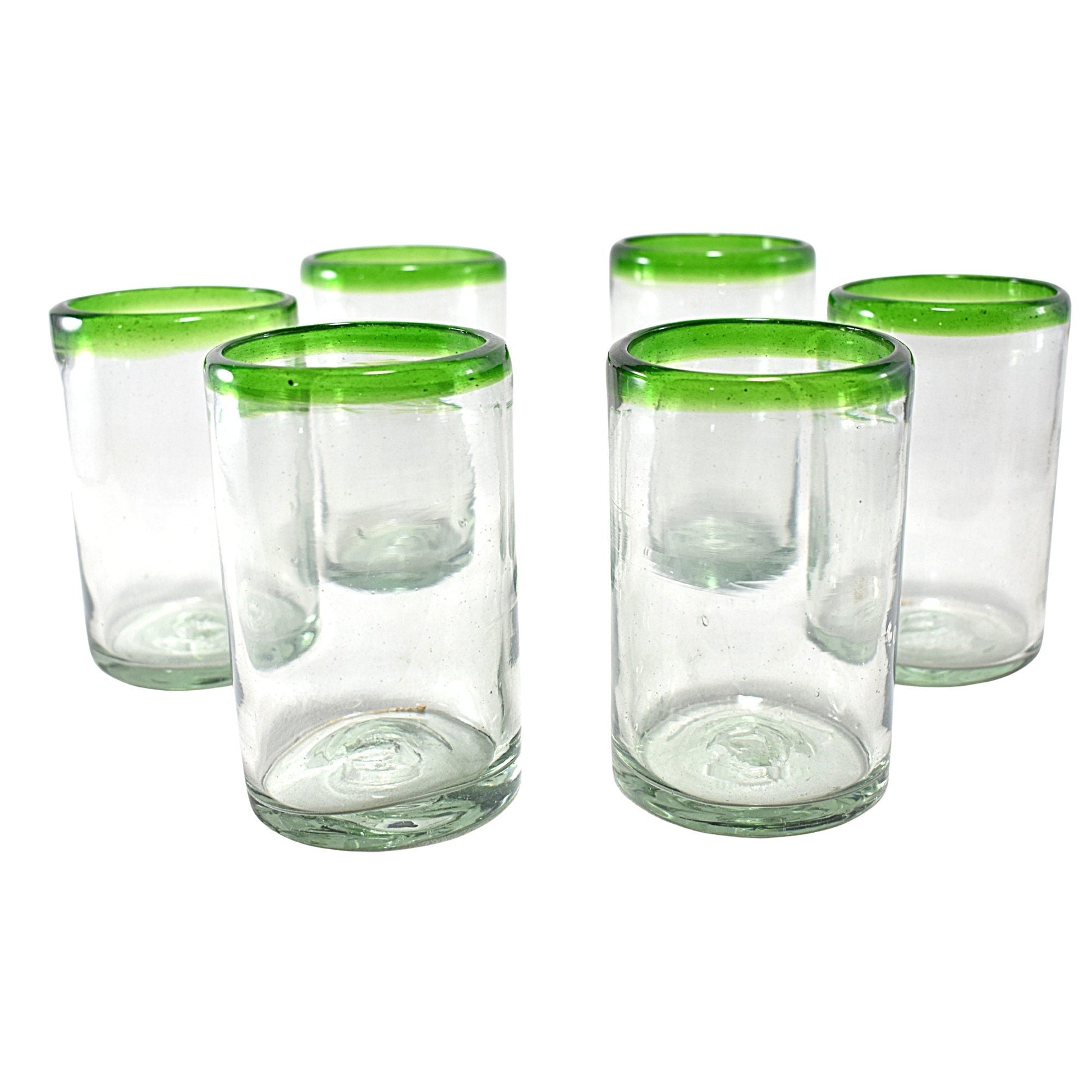 Vasos Vidrio Soplado | Set de 6 Piezas | Hechos Artesanalmente en México | Vaso Old Fashioned | (Filo Verde, Agua 16 Oz.) - MAREY -