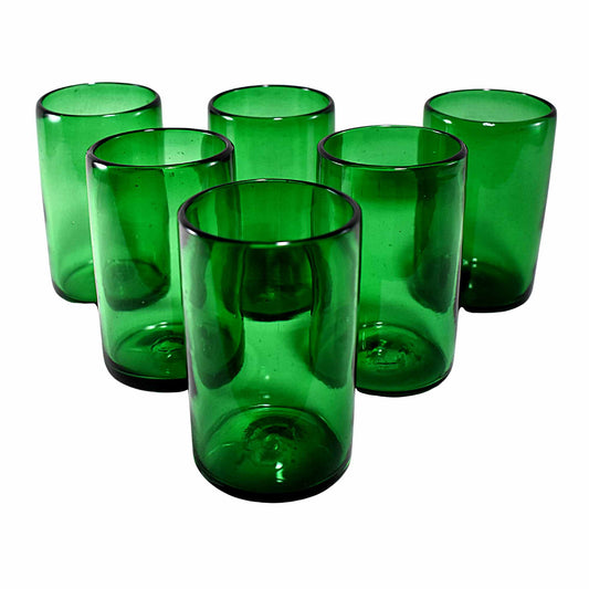 Vasos Vidrio Soplado | Set de 6 Piezas | Hechos Artesanalmente en México | (Verde Sólido, Agua 16 Oz.) - MAREY -