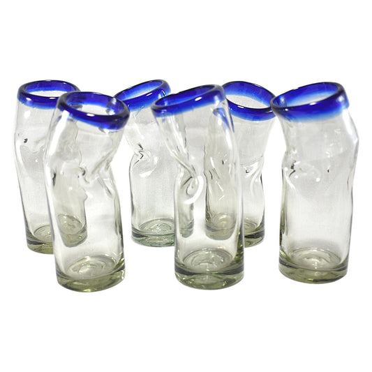 Vasos Vidrio Soplado | Set de 6 Piezas | Vaso Borracho | (Filo Azul Cobalto, 14 Oz.) - MAREY -