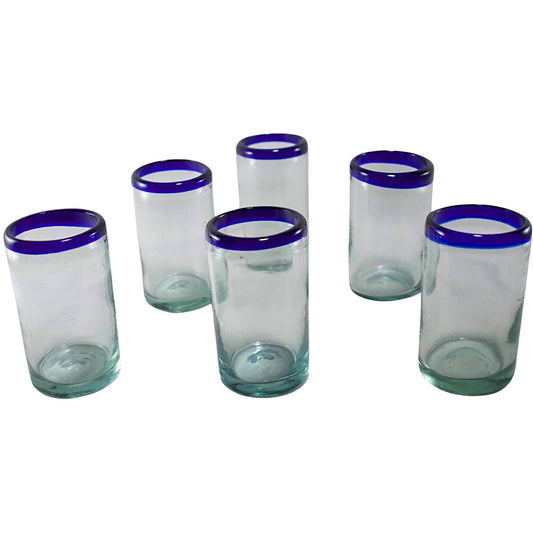 Vasos Vidrio Soplado | Vaso Jugo | Set de 6 Piezas | Hechos Artesanalmente en México | (Filo Azul Cobalto, 8 Oz.) - MAREY -